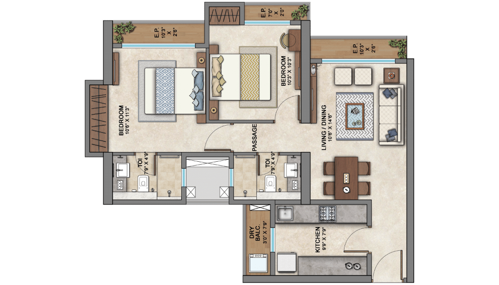2BHK Layout Type 01 | Ashar Edge