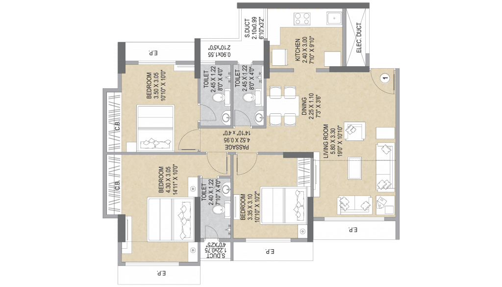 3BHK Layout Type 01 | Ashar Sapphire