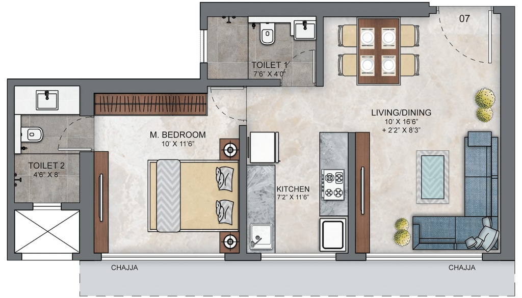 Ashar Maple 1BHK Layout Type 02
